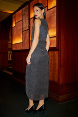 Yumi Black Metallic Pleated Frill Wrap Midi Dress