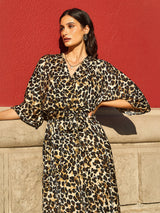 Yumi Brown Leopard Midi Wrap Dress With Kimono Sleeves