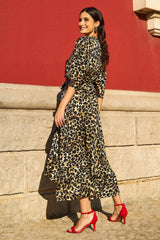 Yumi Brown Leopard Midi Wrap Dress With Kimono Sleeves