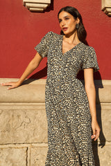 Yumi Brown Leopard Print Pleated Button Through Midi Dress