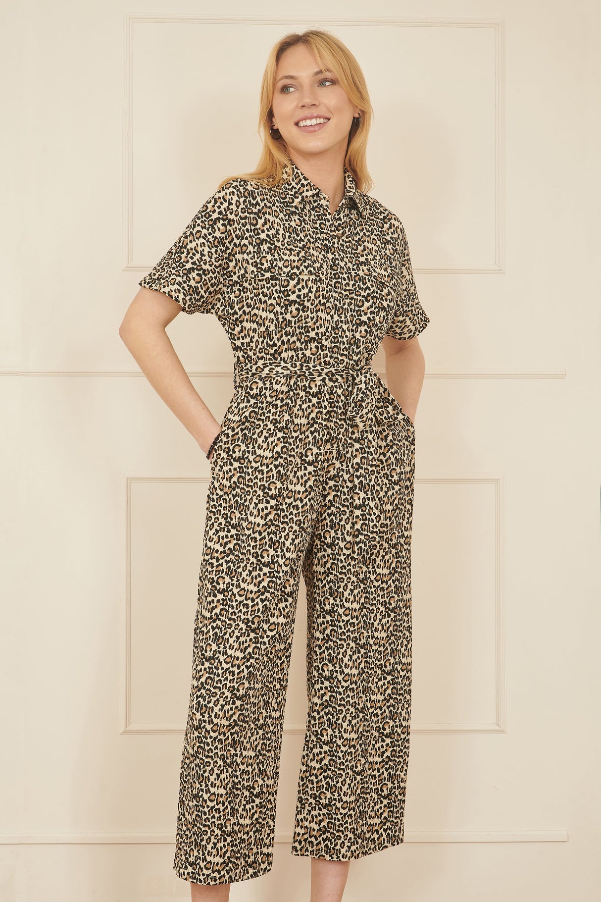 Yumi Brown Leopard Print Pleated Fabric Jumpsuit