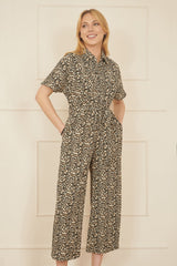 Yumi Brown Leopard Print Pleated Fabric Jumpsuit