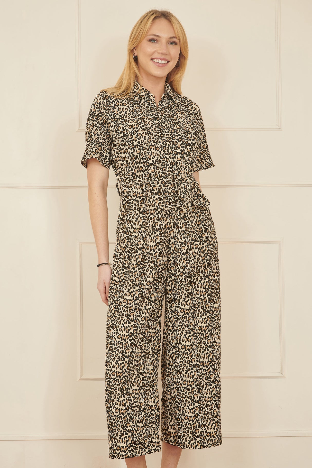 Yumi Brown Leopard Print Pleated Fabric Jumpsuit