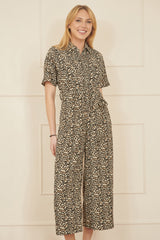 Yumi Brown Leopard Print Pleated Fabric Jumpsuit