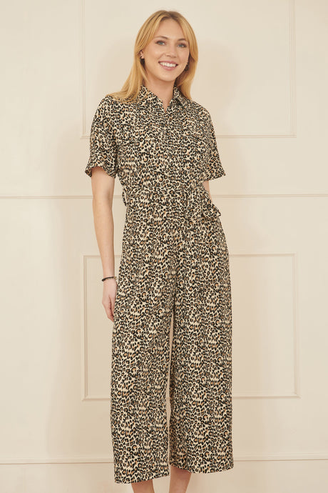 Yumi Brown Leopard Print Pleated Fabric Jumpsuit
