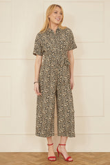 Yumi Brown Leopard Print Pleated Fabric Jumpsuit