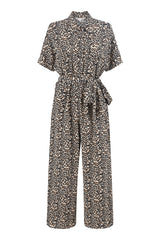 Yumi Brown Leopard Print Pleated Fabric Jumpsuit