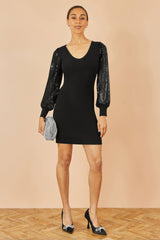 Yumi Black Knitted Fitted Dress With Sequin Sleeves