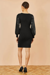 Yumi Black Knitted Fitted Dress With Sequin Sleeves