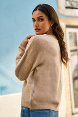 Yumi Oatmeal Floral Embroidered V Neck Relaxed Knitted Jumper