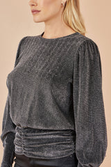 Yumi Black Metallic Stretch Ruched Hem Top