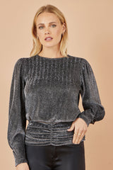 Yumi Black Metallic Stretch Ruched Hem Top