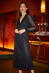Yumi Black Sequin Long Sleeve Midi Dress