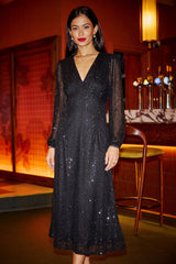 Yumi Black Sequin Long Sleeve Midi Dress