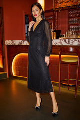 Yumi Black Sequin Long Sleeve Midi Dress