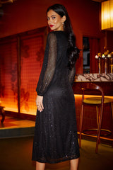 Yumi Black Sequin Long Sleeve Midi Dress