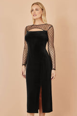 Yumi Black Velvet Midi Dress With Slash Neckline and Sheer Sleeves