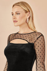 Yumi Black Velvet Midi Dress With Slash Neckline and Sheer Sleeves