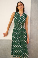 Yumi Green Polka Dot Mesh Wrap Skater Dress With Pockets
