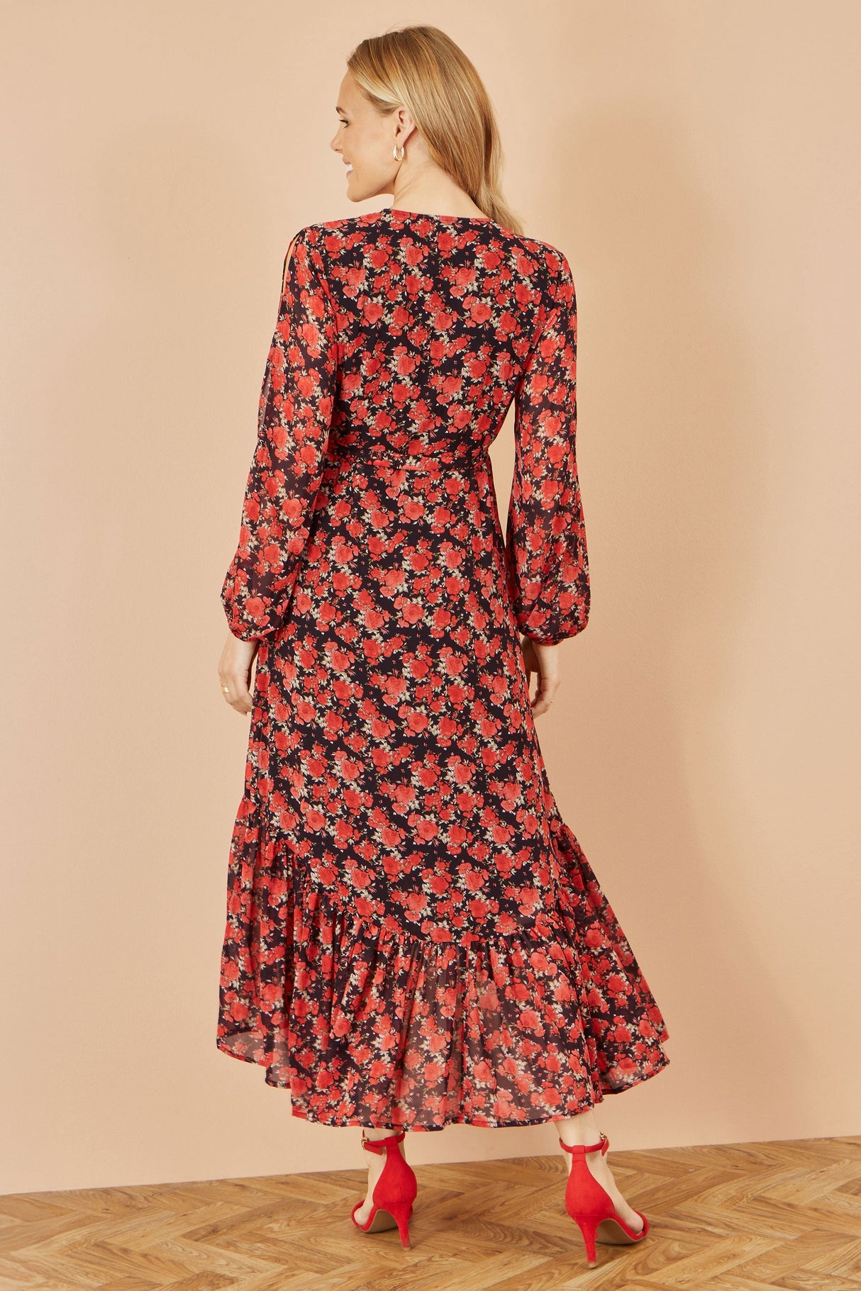 Yumi Red Rose Print Dipped Hemline Midi Dress With Open Long Sleeves