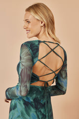 Yumi Green Floral Mesh Bodycon Dress With Tie Back