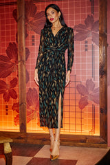 Yumi Black Metallic Sparkle Mesh Wrap Midi Dress