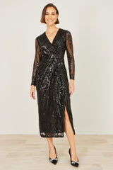 Yumi Black Sequin Midi Wrap Dress With Split Hemline And Long Sleeves