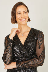 Yumi Black Sequin Midi Wrap Dress With Split Hemline And Long Sleeves