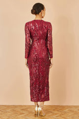 Yumi Red Sequin Midi Wrap Dress With Split Hemline And Long Sleeves