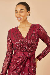 Yumi Red Sequin Midi Wrap Dress With Split Hemline And Long Sleeves