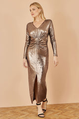 Yumi Gold Metallic Stretch Ruched Maxi Dress With Long Sleeves And Split Hemline