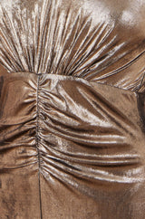 Yumi Gold Metallic Stretch Ruched Maxi Dress With Long Sleeves And Split Hemline