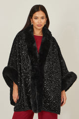 Yumi Black Sequin Cape with Faux Fur Trim and Lining