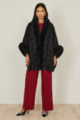 Yumi Black Sequin Cape with Faux Fur Trim and Lining