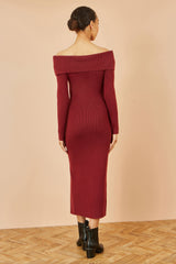 Yumi Burgundy Bardot Knitted Fitted Midi Dress