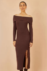 Yumi Brown Bardot Knitted Fitted Midi Dress