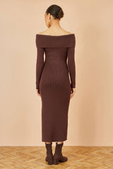Yumi Brown Bardot Knitted Fitted Midi Dress
