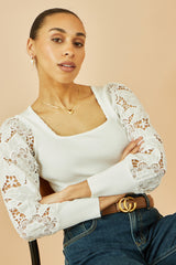 Yumi White Ribbed Knitted Top With Lace Sleeves