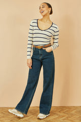 Yumi White Metallic Stripe Knitted Ribbed Top