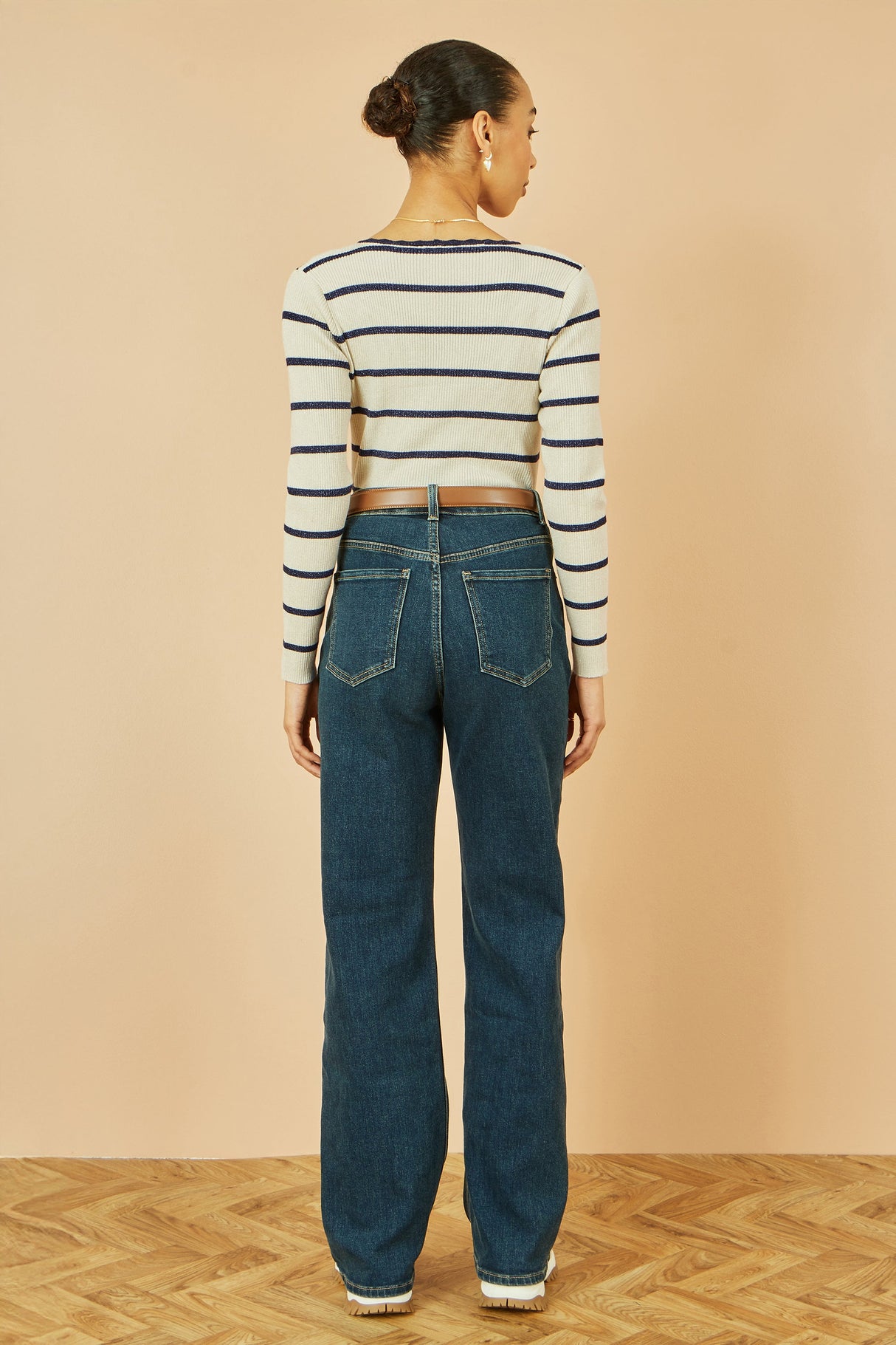 Yumi White Metallic Stripe Knitted Ribbed Top