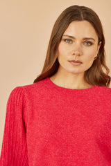 Yumi Red Knitted Balloon Sleeve Textured Jumper