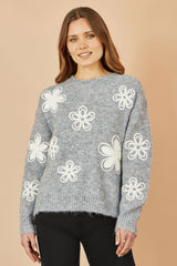 Yumi Grey Relaxed Jumper With Crochet Flowers