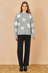 Yumi Grey Relaxed Jumper With Crochet Flowers
