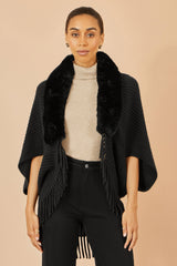 Yumi Black Fur Collar Shrug With Tassel Hem