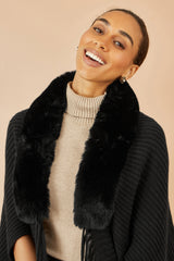 Yumi Black Fur Collar Shrug With Tassel Hem