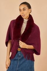 Yumi Burgundy Fur Collar Shrug With Tassel Hem