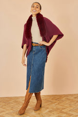 Yumi Burgundy Fur Collar Shrug With Tassel Hem