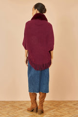 Yumi Burgundy Fur Collar Shrug With Tassel Hem
