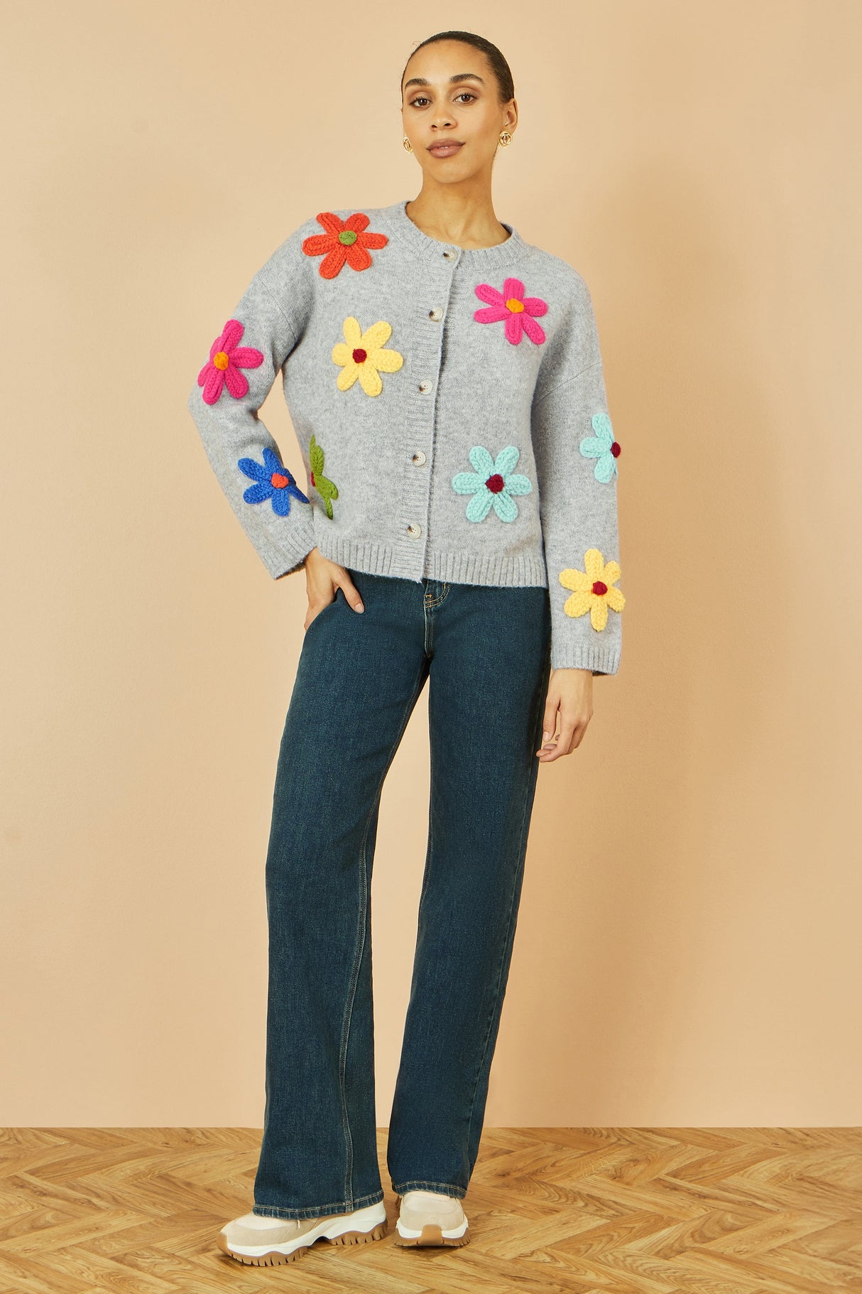 Yumi Grey Knitted Flower Applique Cardigan