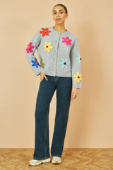 Yumi Grey Knitted Flower Applique Cardigan